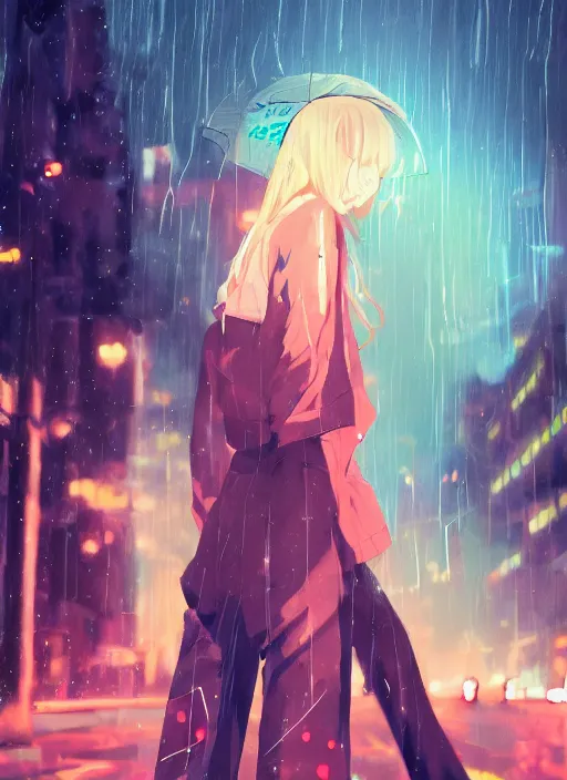 Image similar to listening to music at 2 am, pretty face, pretty body, pose, rain, lofi, lofi, peaceful, street light, anime key visual, poster, anime, by wlop, high quality, 4 k, trending, trending on artstation