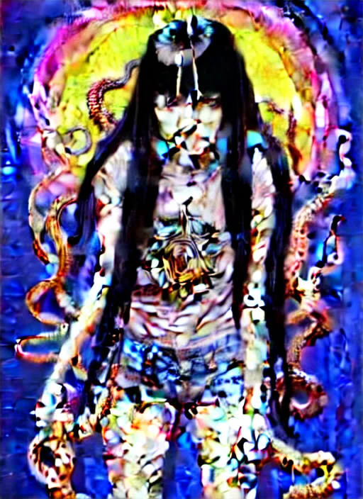 Prompt: richly detailed colored pencil 3D illustration of a beautiful woman with silky straight black hair with iridescence wearing a Nirvana band Tshirt and short black shorts, she staring at the camera happily while being surrounded by slimy tentacles, art by Range Murata and Artgerm.