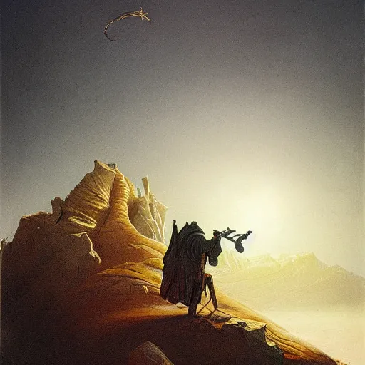 Prompt: A nomadic wanderer traversing a corrupted crystal desert by Jacek Yurka, Carl Gustav Carus