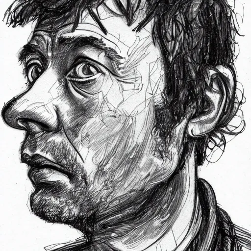 Image similar to a realistic yet scraggly portrait sketch of the side profile of a stern and sophisticated damon albarn, trending on artstation, intricate details, in the style of frank auerbach, in the style of sergio aragones, in the style of martin ansin, in the style of david aja, in the style of mattias adolfsson