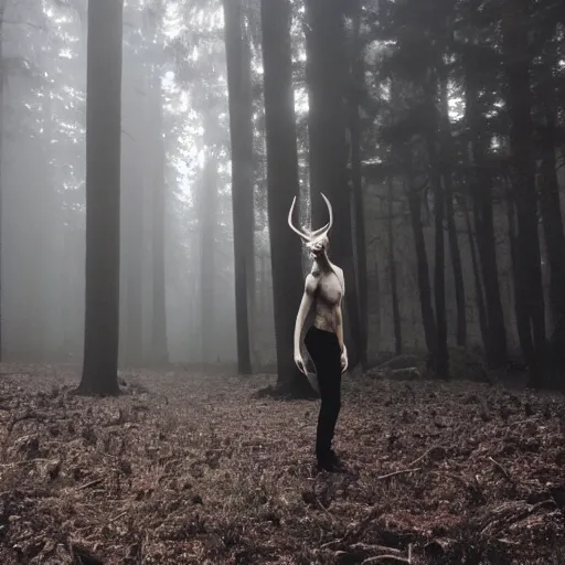 Prompt: an old photo of an incredibly tall thin pale bipedal creature with antlers deep in a dark foggy forest