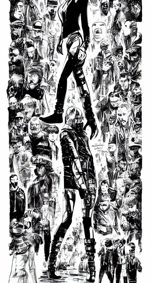 Prompt: full body crowd cypherpunk fashion illustration, portrait, blade runner 2 0 4 9 manual, by steampoweredmikej, by tim bradstreet, inktober, ink drawing, black and white, coloring pages, manga, highly detailed