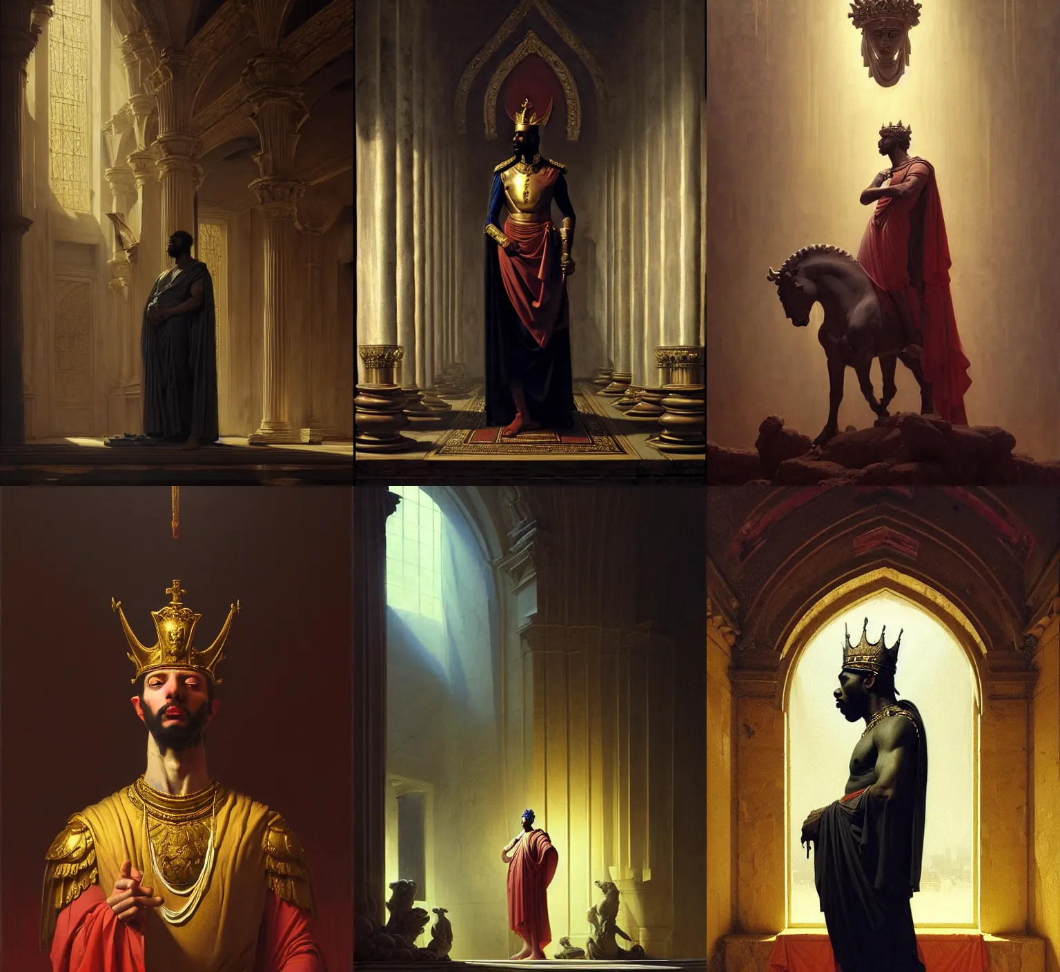 Prompt: neoclassical portrait of the black prince in his temple, by jacques - louis david, by greg rutkowski, by zdzisław beksinski, by josep tapiro baro, trending on artstation, featured on pixiv, masterpiece, oil on canvas, cinematic composition, dynamic beautiful lighting,