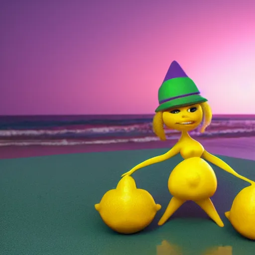 Prompt: 3 d octane render, of a hot anthropomorphic lemon female character inspired by dalle 2 generations, with lemon skin texture, she is wearing a hat, building a sandcastle on the beach at sunset, beach, huge waves, sun, clouds, long violet and green trees, rim light, cinematic photography, professional, sand, sandcastle, volumetric lightening