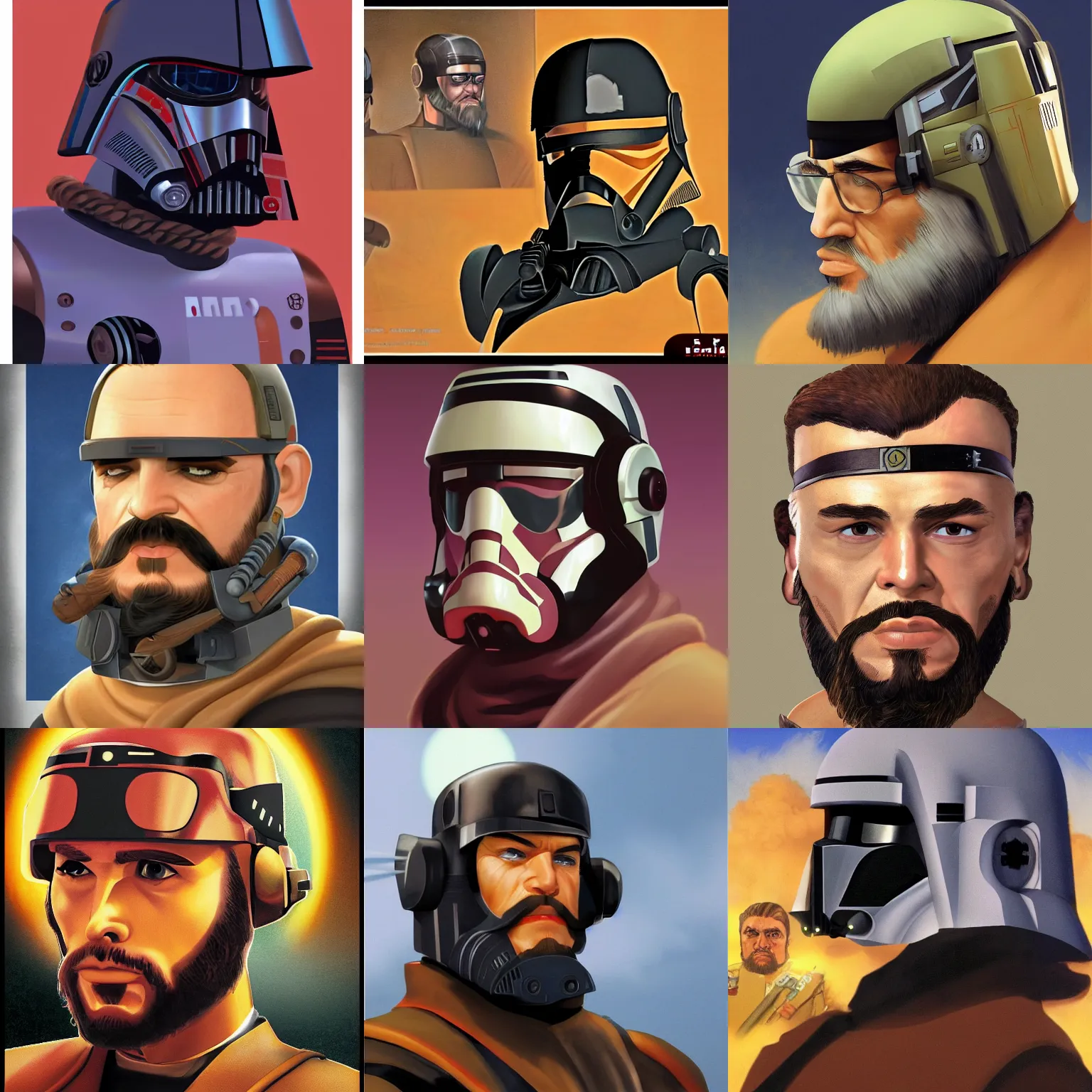 Prompt: ruguevara star wars rebellion brave cyber pilot with beard portrait by ralph mcquarrie trending at artstation