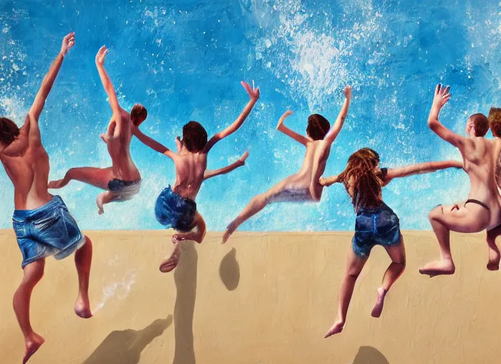 Prompt: photorealistic painting of a group of teens in the moment of jumping into a pool, digital art, subtle painting, subtle hues, some edges lost