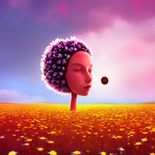 Prompt: giant daisy flower as head, full body girl floating in a flower field, surreal photography, sunrise, dramatic light, impressionist painting, colorful clouds, digital painting, artstation, simon stalenhag