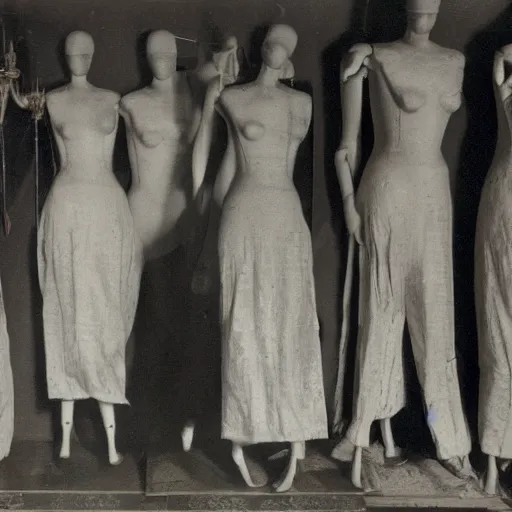 Image similar to a manikin party, photograph, style of atget, nightmare, concept art, creepy