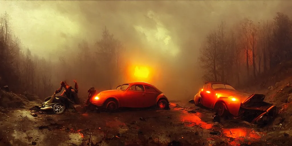 Image similar to a crashed car on a mountain road in 1 9 4 0 with red light on, sunny day, a men stand up next to the car, mystical orange fog, oil on canvas, art by andreas achenbach, clemens ascher, tom bagshaw and sabbas apterus,