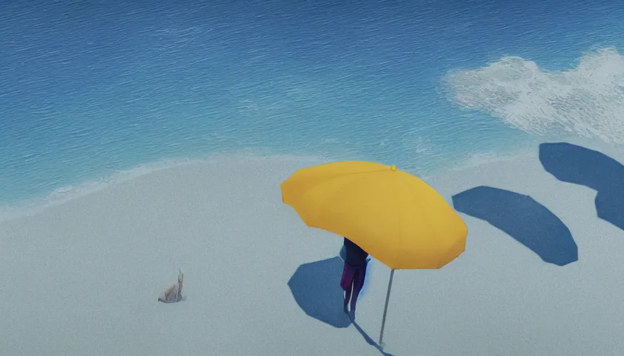 Image similar to craig mullins and ghibli digital illustration of, a dolphin in the blue dotted water, modern beach is covered with umbrellas, white waves ， yellow gravel coralsunreal engine, hyper realism, realistic shading, cinematic composition, realistic render, octane render, detailed textures, photorealistic, wide shot