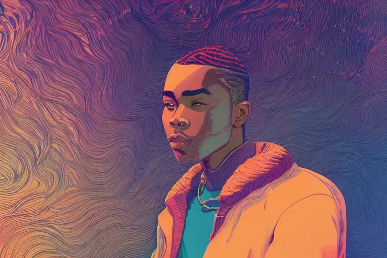 Prompt: stunning portrait of a Frank Ocean, artstation winner by Victo Ngai, Kilian Eng and by Jake Parker, swirly vibrant color lines, winning-award masterpiece, fantastically gaudy, aesthetic octane render, 8K HD Resolution