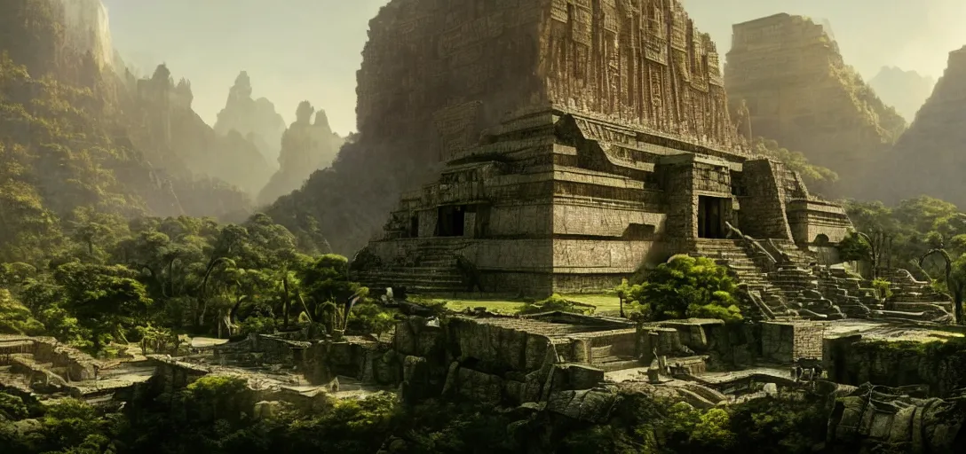 Prompt: beautiful highly detailed matte painting of an intricate mayan futuristic brutalist jade ancient temple in a valley surrounded by canyons, by Craig Mullins and Denis Villeneuve, octane rendering, 8k