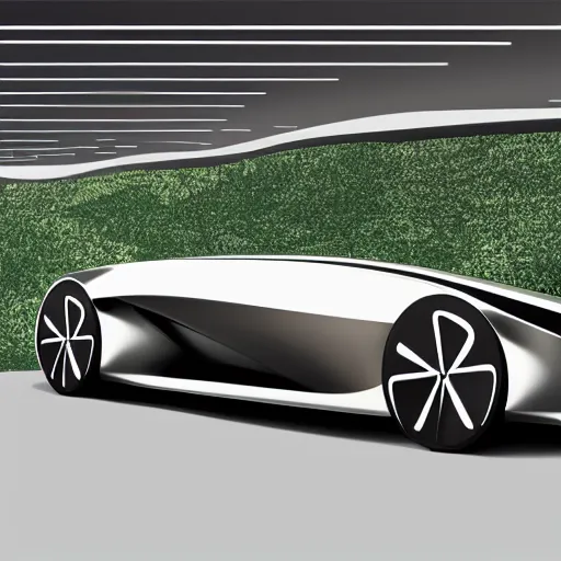 Image similar to sleek autonomous vehicle, designed by Zaha Hadid, parked by an oasis, line art illustration, muted colours