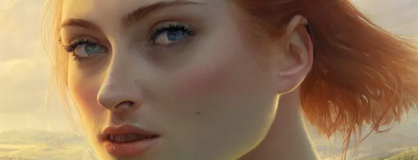 Image similar to most epic painting of sophie turner, silver lining, most epic landscape. epic cinematic hyperrealism masterpiece. realistic poster with shaded lighting by craig mallismo, artgerm, jeremy lipkin and michael garmash, unreal engine, radiant light, detailed and complex environment, digital art, art station trends