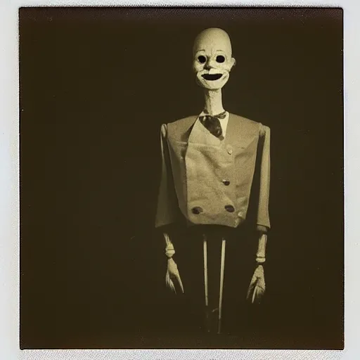 Prompt: an eerie polaroid photograph of a ventriloquist dummy inside the crawlspace, nighttime, dimly lit, creepy