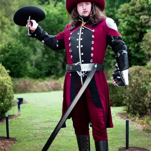 Prompt: photo of elon musk in the shape of a musketeer, he has a big black hat and holds a shiny rapier sword
