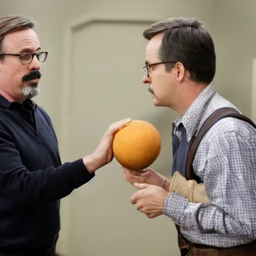 Image similar to vince gilligan holding giving two balls to thomas schnauz