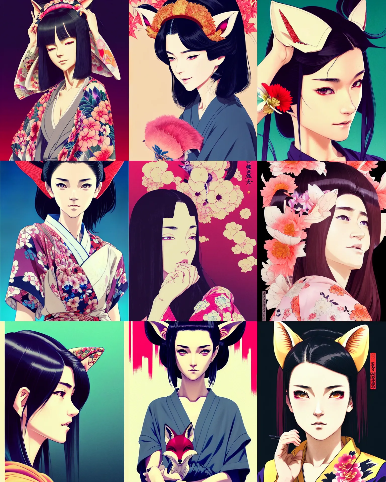 Prompt: A beautiful woman with fox ears in a kimono || yakuza, tattoos, cute-fine-face, pretty face, realistic shaded Perfect face, fine details. Anime. realistic shaded lighting poster by Ilya Kuvshinov katsuhiro otomo ghost-in-the-shell, magali villeneuve, artgerm, Jeremy Lipkin and Michael Garmash and Rob Rey