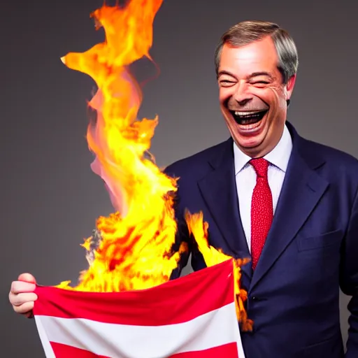 Image similar to nigel farage laughing holding burning eu flag, studio photograph, hd, studio