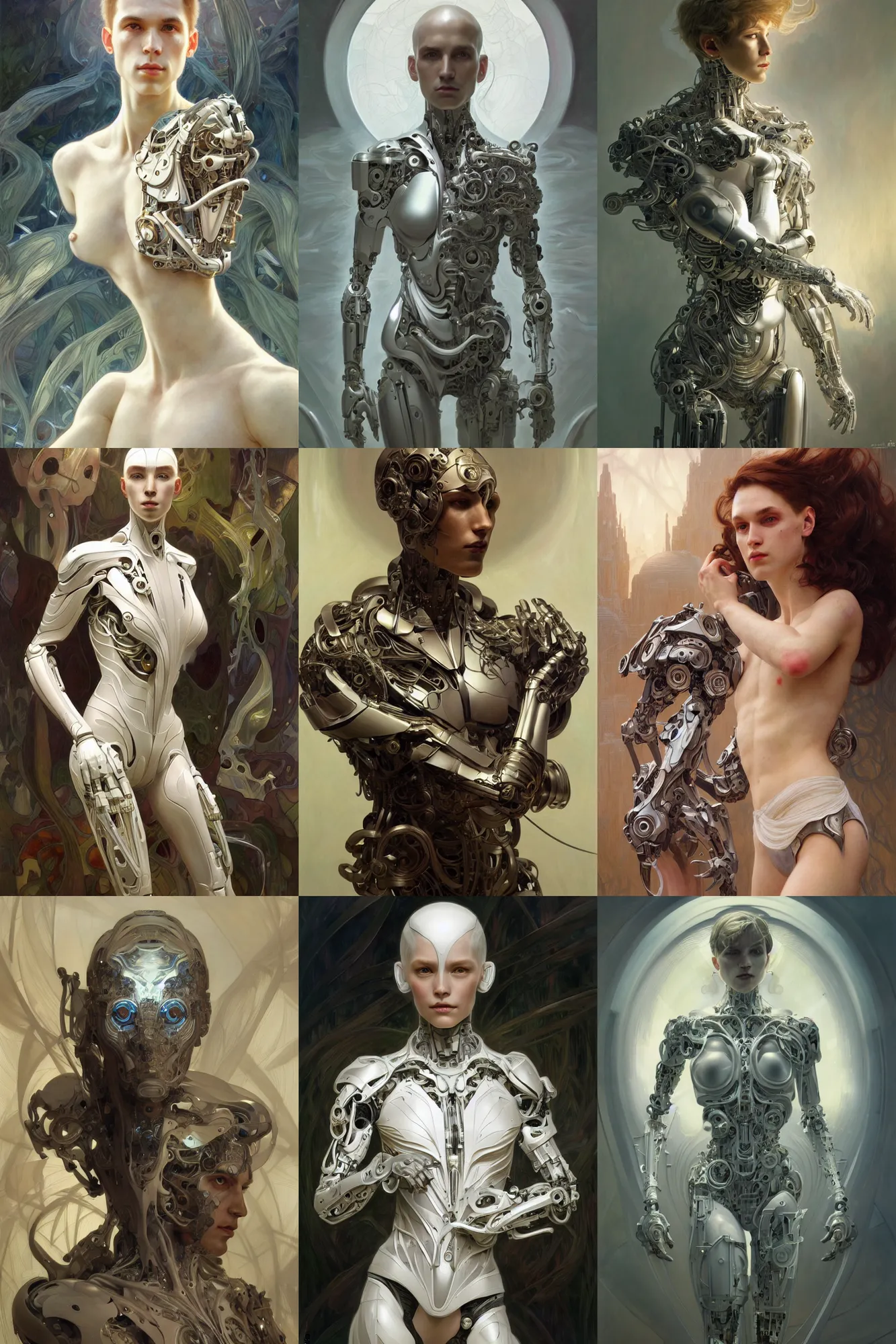 Prompt: organic cyborg, male, young, white plastic, diffuse lighting, fantasy, intricate, elegant, highly detailed, lifelike, photorealistic, digital painting, artstation, illustration, concept art, smooth, sharp focus, art by John Collier and Albert Aublet and Krenz Cushart and Artem Demura and Alphonse Mucha