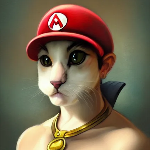 Image similar to Portrait of a Cat as Super Mario, nintendo, highly detailed, digital painting, artstation, concept art, smooth, sharp focus, illustration, art by artgerm and greg rutkowski and alphonse mucha