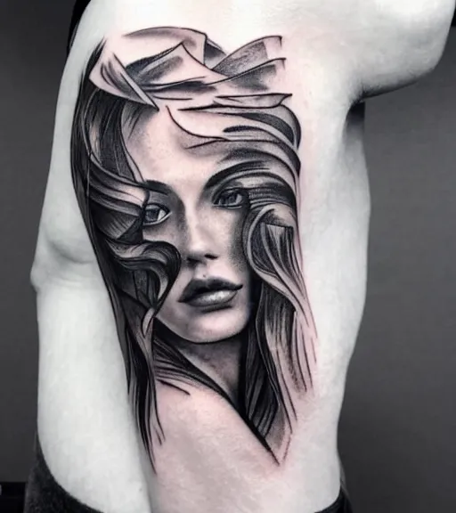 Prompt: tattoo design sketch of an extremely beautiful woman face with a background of beautiful mountains on her side, hyper - realistic, double exposure effect, in the style of den yakovlev, amazing detail, black and white, faded