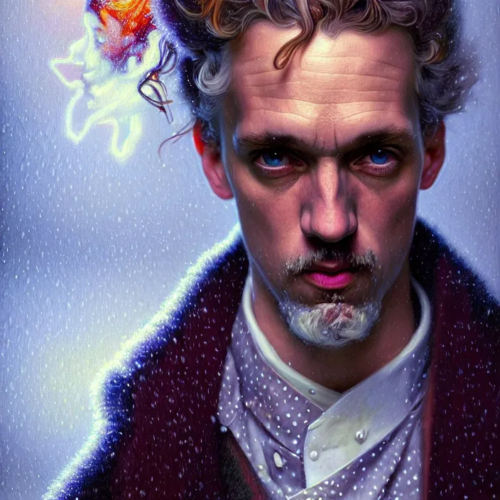 Prompt: psychedelic snowfall Jordan Peterson, diffuse lighting, fantasy, intricate, elegant, highly detailed, lifelike, photorealistic, digital painting, artstation, illustration, concept art, smooth, sharp focus, art by John Collier and Albert Aublet and Krenz Cushart and Artem Demura and Alphonse Mucha