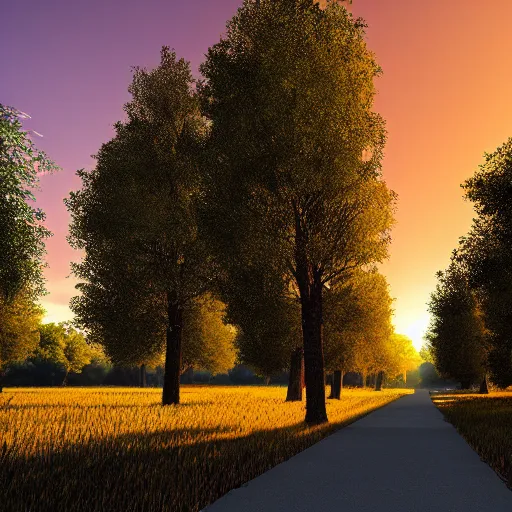 Prompt: tree-lined path at sunset, by Aenami Alena and Afshar Petros