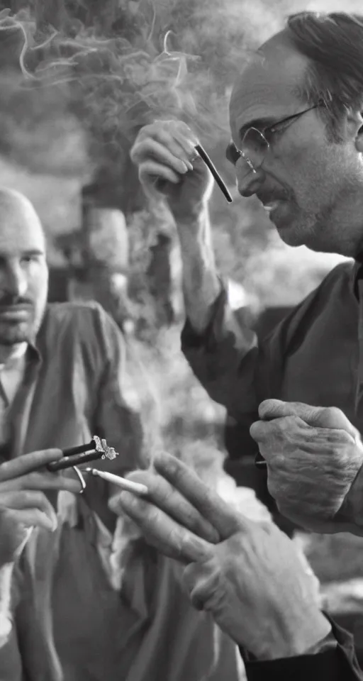 Image similar to saul goodman smoking cigarettes with steve jobs, sepia, in mexico, emmy award winning, with jessie pinkman in the background yelling and angry, sunset, granite sidewalk, movie screenshot, suburban houses in background, gritty, mustache