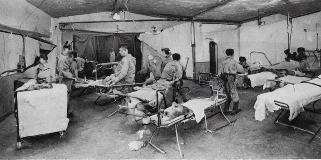 Prompt: photograph in a ww 2 field hospital, hamsters on stretchers, hamster medics caring for injured hamsters, no humans in the image, detailed