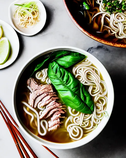 Image similar to realistic photo of delicious pho, ramen, bowl, white kitchen table, ( cloth ), marble, thai basil, highly detailed, by louise lister, sara ali, mary devinat, kailee mandel, masterpiece, award winning, food photography