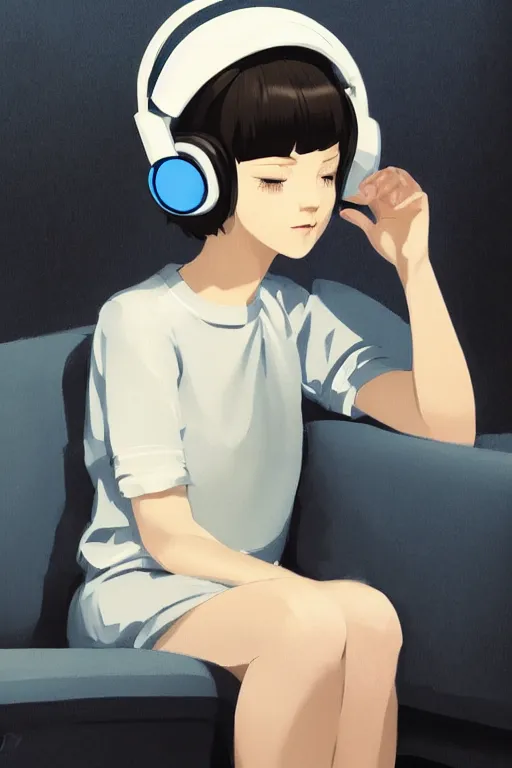 Prompt: a cute young woman sitting on a couch while listening to music with her eyes closed and wearing headphones by Ilya Kuvshinov and Range Murata, white bob cut hair, blue filter, blue and white, soft lighting, atmospheric, cinematic atmosphere, moody, detailed digital painting, 8k