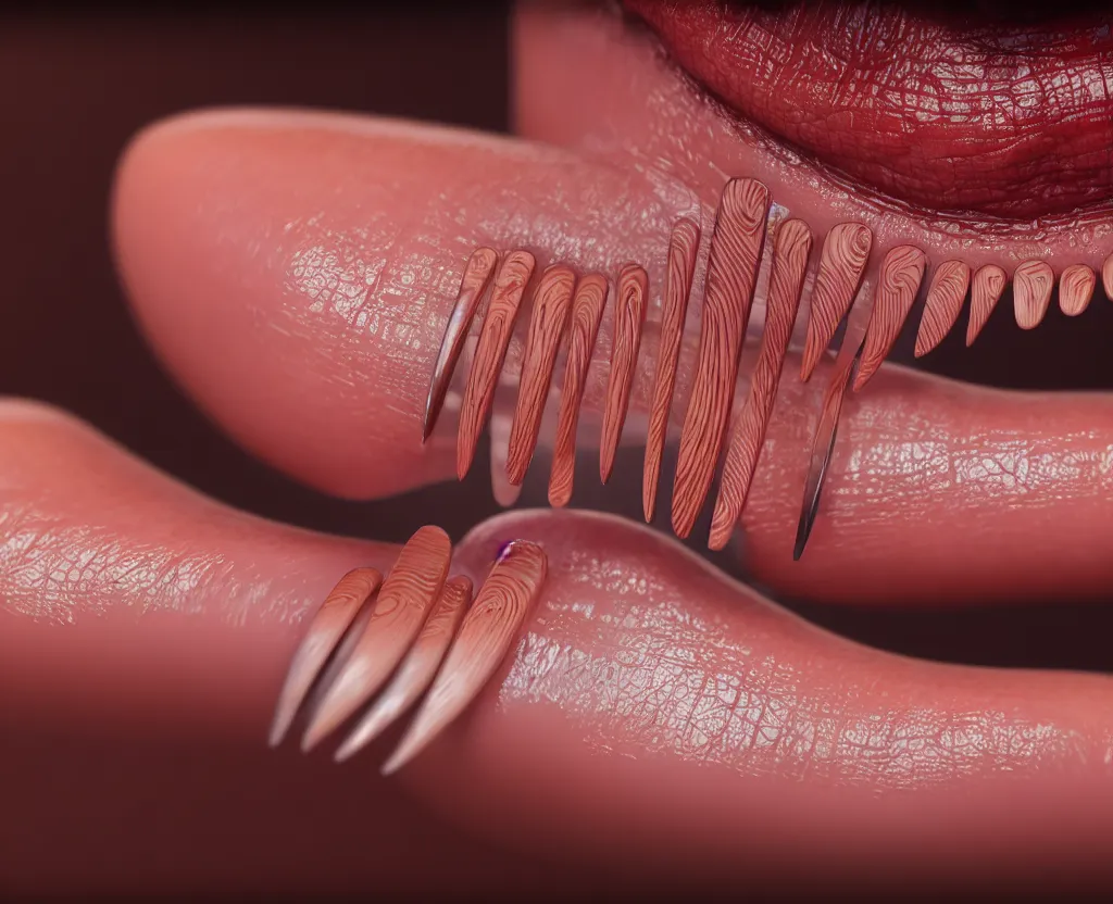 Image similar to photorealistic detailed image of wood nails in a tongue, intricate artwork by tooth wu and wlop and beeple. octane render, trending on artstation, greg rutkowski. cinematic, hyper realism, octane render, 8 k