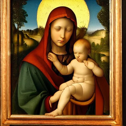 Image similar to very detailed oil painting of The Virgin Mary with God Child, landscape background, very detailed faces, by Leonardo Da Vinci