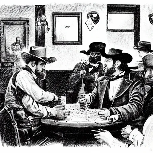 Image similar to Peter Jackson playing poker in wild west saloon, feature shotguns, dramatic lighting