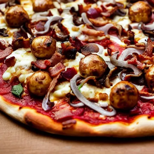 Image similar to promotional portrait photo of a delicious pizza with mozzarella, chorizo, mushrooms, bacon, blue cheese, meat balls, red onions, uhd, 8 k, award winning, commercial,