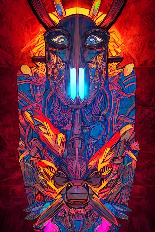 Image similar to totem animal tribal chaman vodoo mask feather gemstone plant wood rock video game illustration vivid color borderlands by josan gonzales and dan mumford radiating a glowing aura global illumination ray tracing