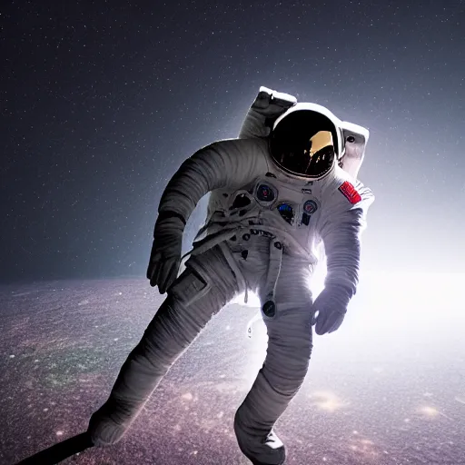 Image similar to photograph of an astronaut against the pitch black darkness of space, full body photo, amazing light and shadow contrast,, 8 k