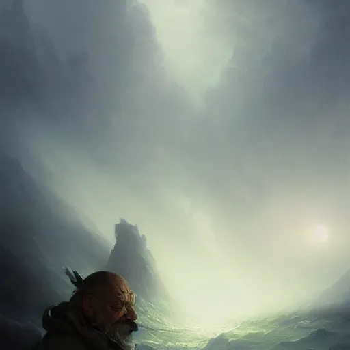 Image similar to cinematic shot epic portrait a melting old man, shiny, broad light, ambient occlusion, volumetric light effect, made by ivan aivazovsky, peter mohrbacher, greg rutkowski, matte painting, trending on artstation, 4 k, perfectly defined features, digital painting, cinematic, epic, highly detailed,