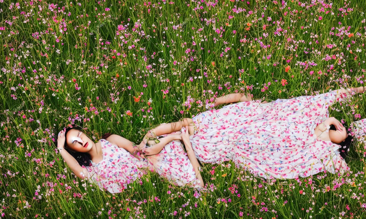 Image similar to a beautiful young Asian woman lying in a field of wildflowers, wearing a sun dress, portrait, dreamy