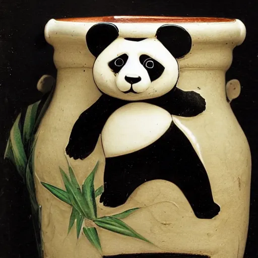 Prompt: vasework vaseart of a Panda practing karate in a vase , medieval art, fragmented clay firing Greek vase of a panda