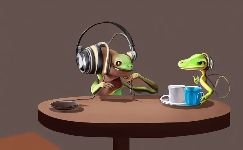 Prompt: a cute gecko with headphones in a cafe sitting in front of a table with a coffee, digital painting, masterpiece, digital art, concept art, octane render, unreal engine 5, trending on deviantart, highly detailed, high quality, 8 k, cartoon, high coherence, realistic, anatomically correct, five fingers, relaxing, realistic and detailed face, beautiful, elegant