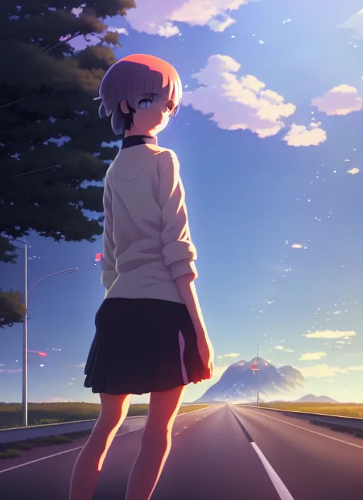 Prompt: at the end of the world, a high school girl standing on road waiting at traffic light, highly detailed, deep focus, elegant, digital painting, smooth, sharp focus, illustration, ultra realistic, 8 k, art by makoto shinkai and takashi takeuchi