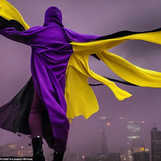 Prompt: a blur of purple, yellow, and black. figure in a cape, and cowl - flew in a split second under the rainy yet gloomy skies of gotham city