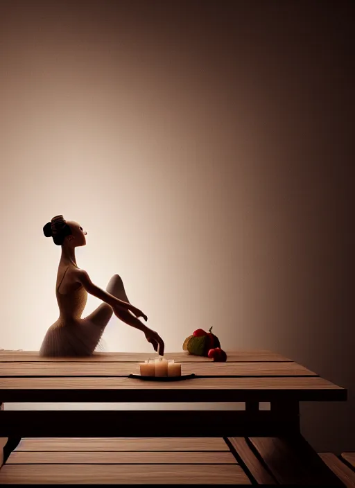 Image similar to a ballerina sitting on top of a wooden table, medieval concept art, cinematic lightning and colors, featured on cg society, photorealism, vray tracing, rendered in unreal engine, photorealistic, vegetables on table and candle, dark lightning, contrast shadows