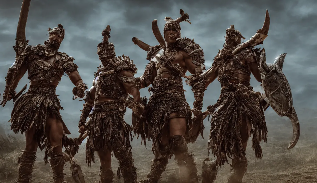 Image similar to distance photo of two ancient tribesman in armor from monster hunter holding futuristic weapons standing in front of attacking barbarian horde, handsome symmetrical faces, muscular bodies, dramatic lighting, cinematic, establishing shot, extremely high detail, photorealistic, 300 the movie,monster hunter the movie, monster hunter, cinematic lighting, artstation, octane render, western,old photo, vintage