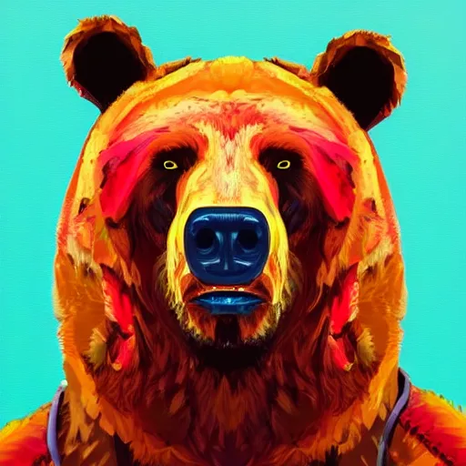 Image similar to a head and shoulder portrait of bear beast-man painted in the colorful and expressive style of Kotwdq, trending on Artstation 8k photorealistic