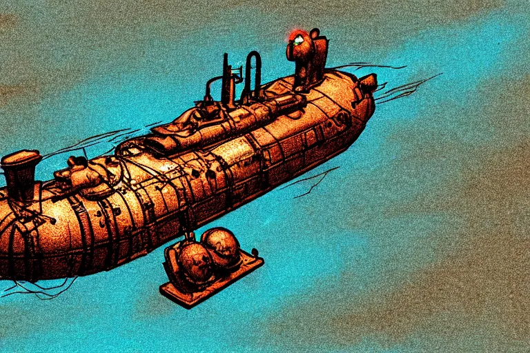 Image similar to steampunk submarine!, in the style of john avon and derek riggs and eva widermann, trending on artstation, halfrear lighting closeup view anaglyph filter, bokeh, anime, colored pencil art, belle epoque