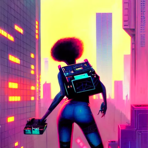 Image similar to a black girl flying through the synthwave city with a rocketpack in a cyberpunk style by greg rutkowski and android jones, oil on canvas