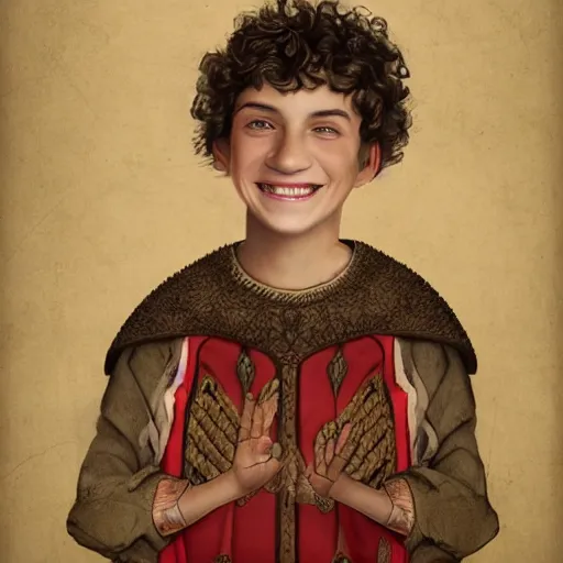 Prompt: a detailed portrait of a medieval ten year old boy smiling, he has short curly brown hair, brown eyes and white skin, fantasy art illustration, incredibly highly detailed and realistic, 8 k, sharp focus